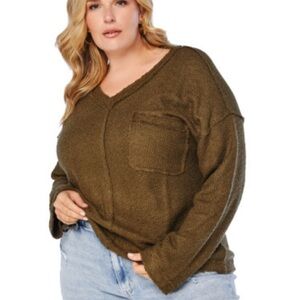 Vanilla Bay Olive Green Knit Drop Shoulder Sweater Lagenlook Seem Detail 1X